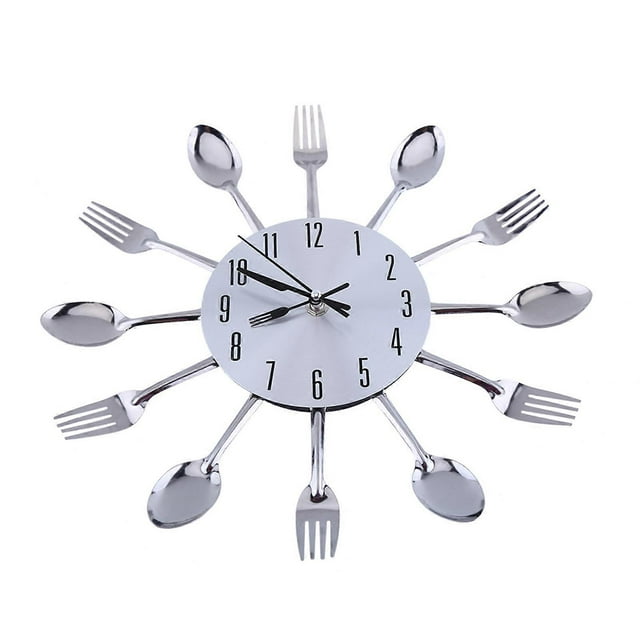 Grande surface miroir 3D argentée, design moderne, couverts, ustensiles de cuisine, cuillère, fourchette, horloge murale à faire soi-même
