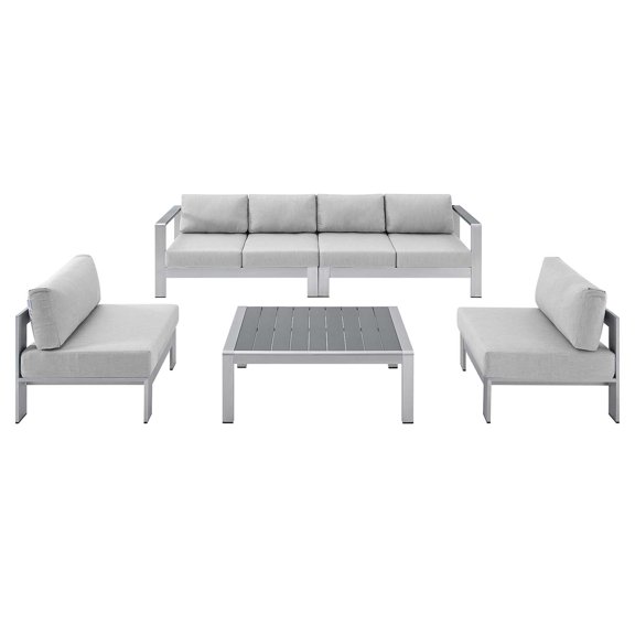 Lounge Sectional Sofa Chair Table Set, Sunbrella, Fabric, Aluminum, Metal, Silver Grey Gray, Modern Contemporary Urban Design, Outdoor Patio Balcony Cafe Bistro Garden Furniture Hotel Hospitality