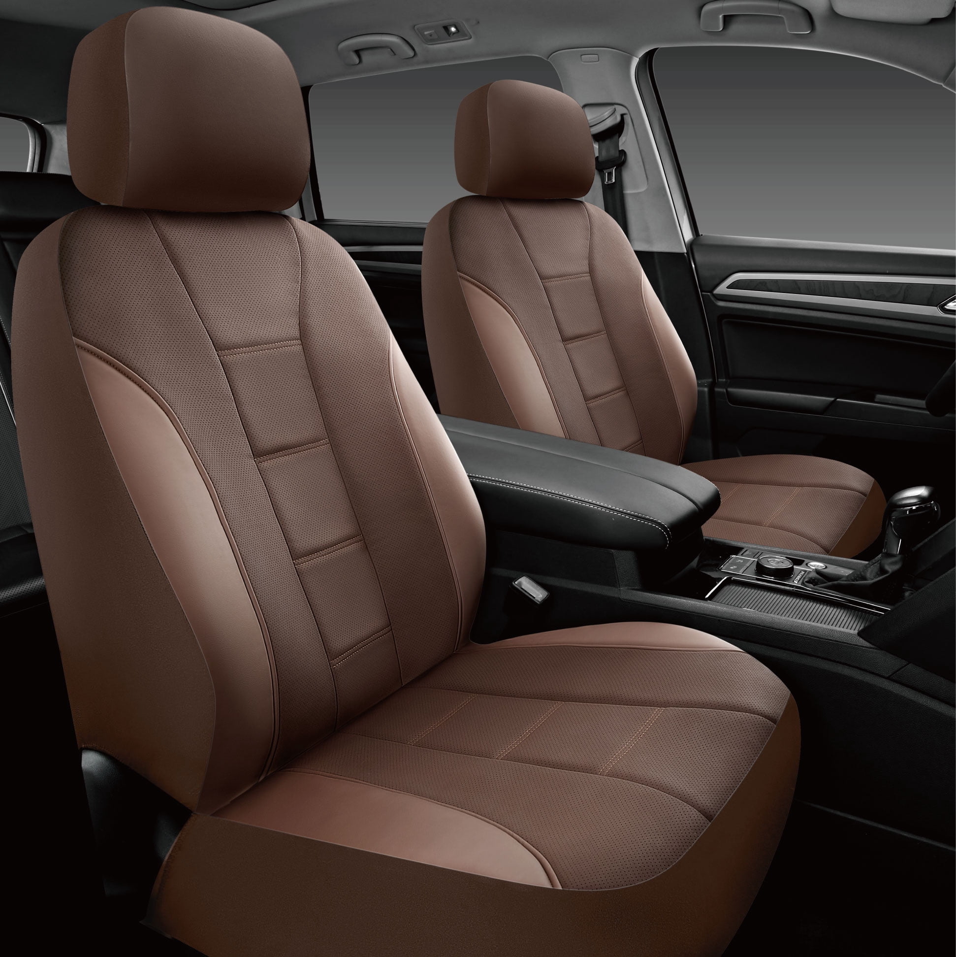 Auto Drive 2Piece Premium Brown Perforated Leather Seat Covers - Universal Fit, Luxury Comfort