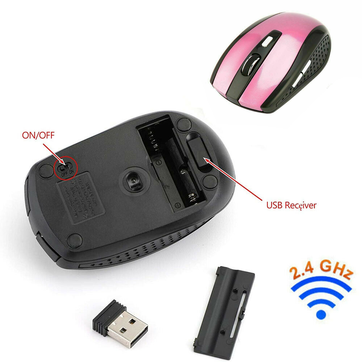 2Pcs Wireless Optical Pink Mouse Mice & USB Receiver For PC Laptop Computer DPI Black - image 3 of 7