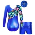 thumbnail image 3 of inlzdz Kids Girls Shiny Metallic Gymnastics Outfits Long Sleeve Dance Leotard with Shorts Hair Band Royal Blue 10, 3 of 9