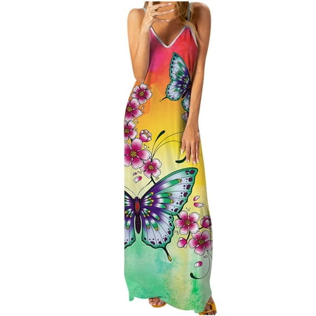 Women's Summer Dresses Deep V Neck Backless Spaghetti Strap Floral Casual Maxi Dress Sleeveless Printing Beach Dress