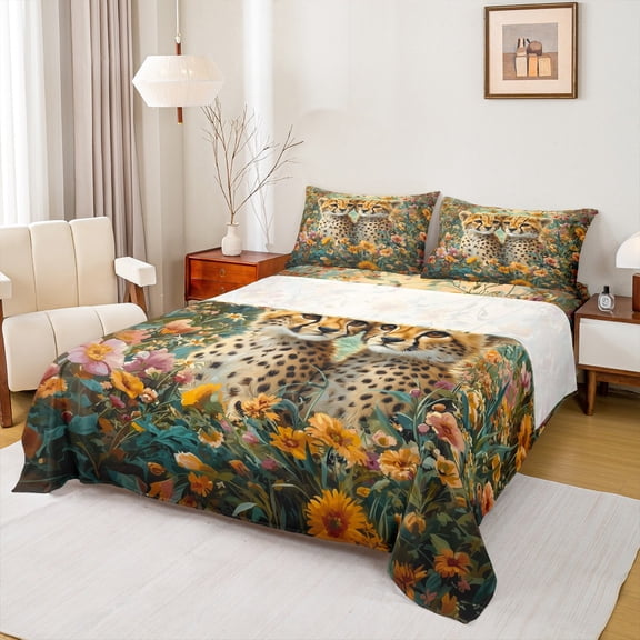 Feelyou Cute Wildlife Cheetah Twin Sheet Sets for Teens, Woodland Animal Leopard Twin Fitted Sheet, Groovy Flower Floral Flat Sheet, Luxury Bedroom Decor, 3 Pieces