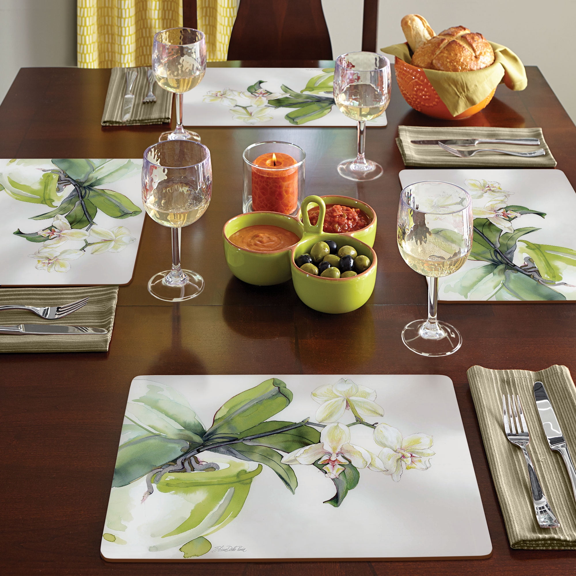 Cala Home "White Orchid" Premium Decorative Hardboard Cork Back Tabletop Placemats 4 Pack