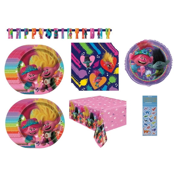 Trolls Birthday Party Supplies Bundle Includes 16 Party Paper Plates 9", 16 Napkins 6.5", 1 Table Cover, 1 Happy Birthday Banner, 1 Mylar Foil Balloon 18", 1 Dinosaur Sticker Sheet