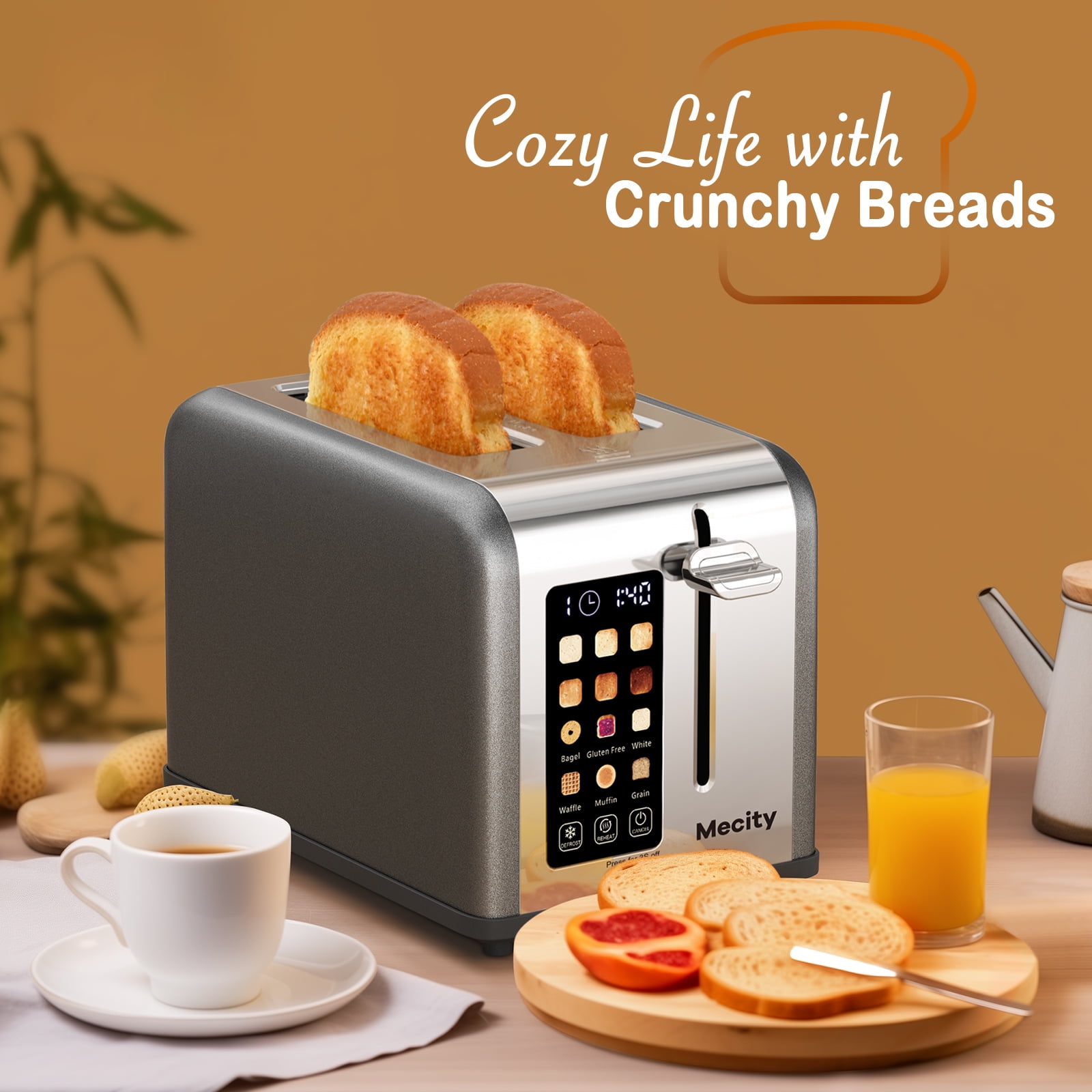 Mecity 2-Slice Touchscreen Toaster with Stainless Steel Casing, 6 Shade Settings, Wide Slots, 120V, Countdown Timer, Gray