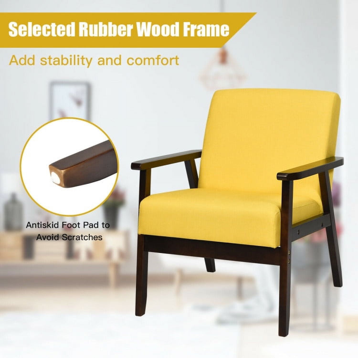 Finihen Mid-Century Modern Accent Chair, Retro Fabric Armchair, Solid Rubber Wood Fabric Accent Armchair, for Living Room, Yellow Finihen Mid-Century Modern Accent Chair, Retro Fabric Armchair, Solid Rubber Wood Fabric Accent Armchair, for Living Room, Yellow