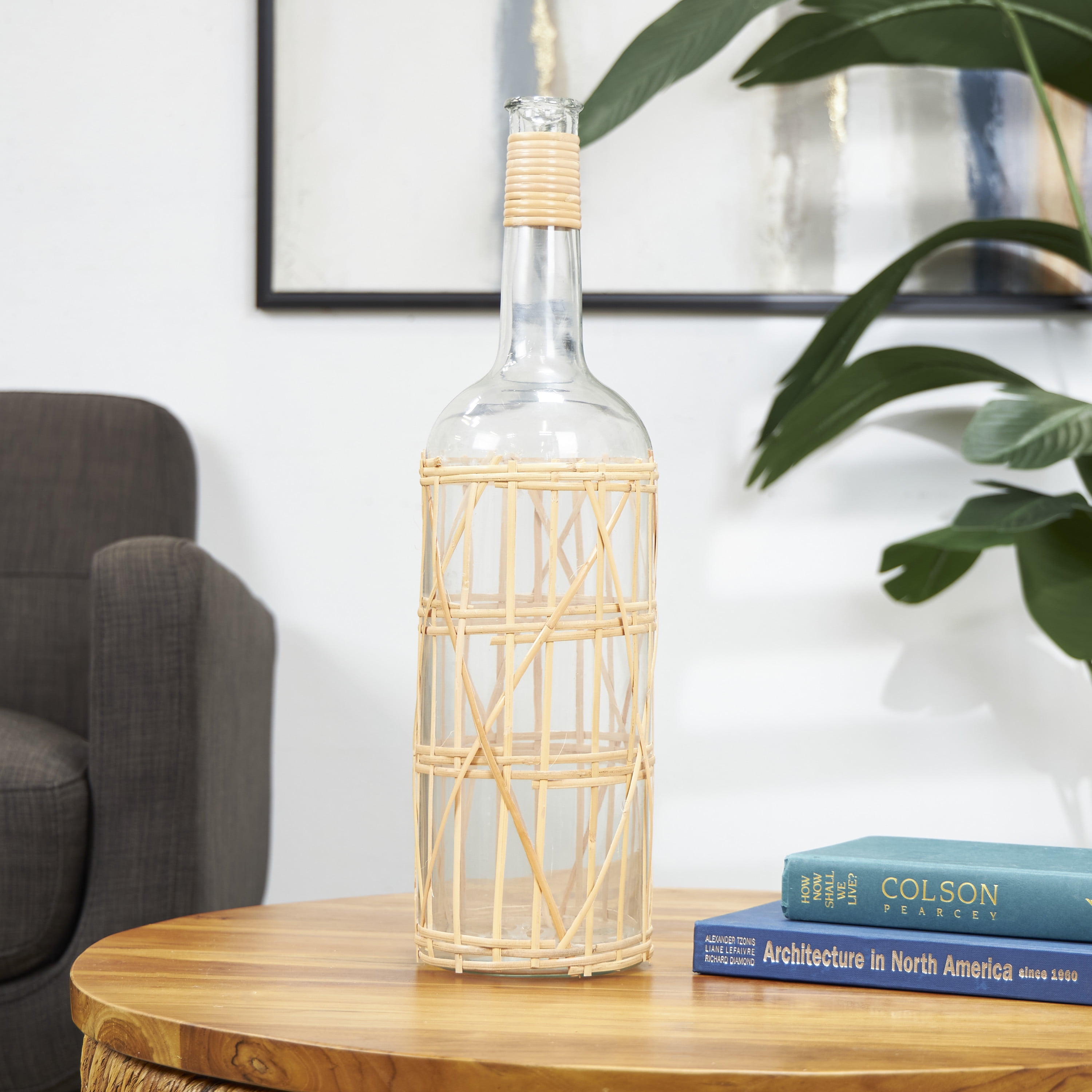 DecMode 23" Handmade Tall Glass Vase with Light Brown Rattan Woven Body and Neck