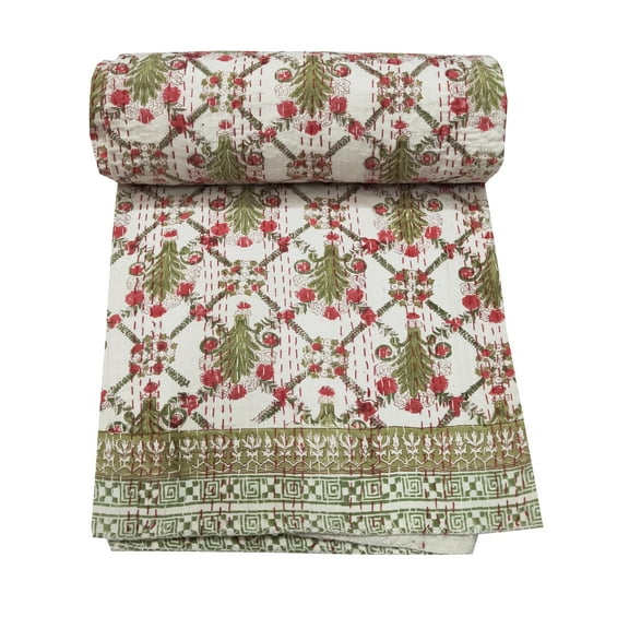 Indian Vintage Floral Print Quilt Queen Size Kantha Quilt Kantha Bedspread Cotton Blanket Bed Cover Bohemian Quilt Kantha Quilt Queen Quilts