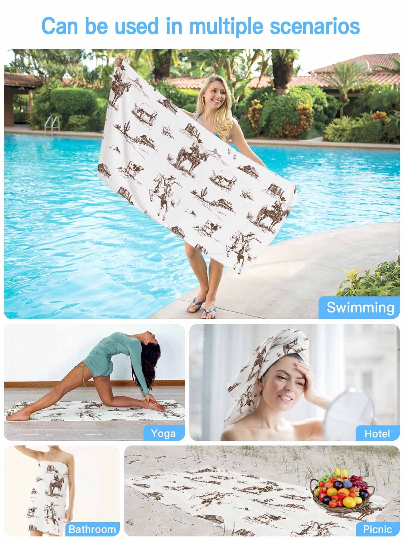 Western Farmhouse Beach Towels Blanket Soft & Absorbent Quick Dry Microfiber Cowboy Horse Desert Pool Towels for Swimming ,Yoga, Sports, Gym, Camping,Large 30X60in, Brown White
