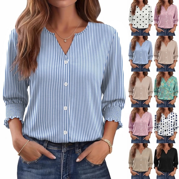 Women Blouses Button Down Shirts Dressy Business Casual 3/4 Length Sleeve Tops Summer Fall Fashion Clothing,XL