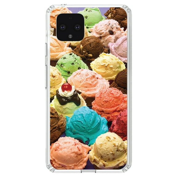 DistinctInk Clear Shockproof Hybrid Case for Google Pixel 4 (5.7" Screen) - TPU Bumper, Acrylic Back, Tempered Glass Screen Protector - Ice Cream Scoops Cones