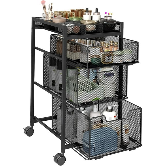 Rolling Makeup Cart Organizer with 3 Drawers, Cosmetics Display with Dividers, Floor Skincare Storage with Wheels, Versatile Vanity Organizer for Nail Polish Perfume Brush Hair Tool, Black