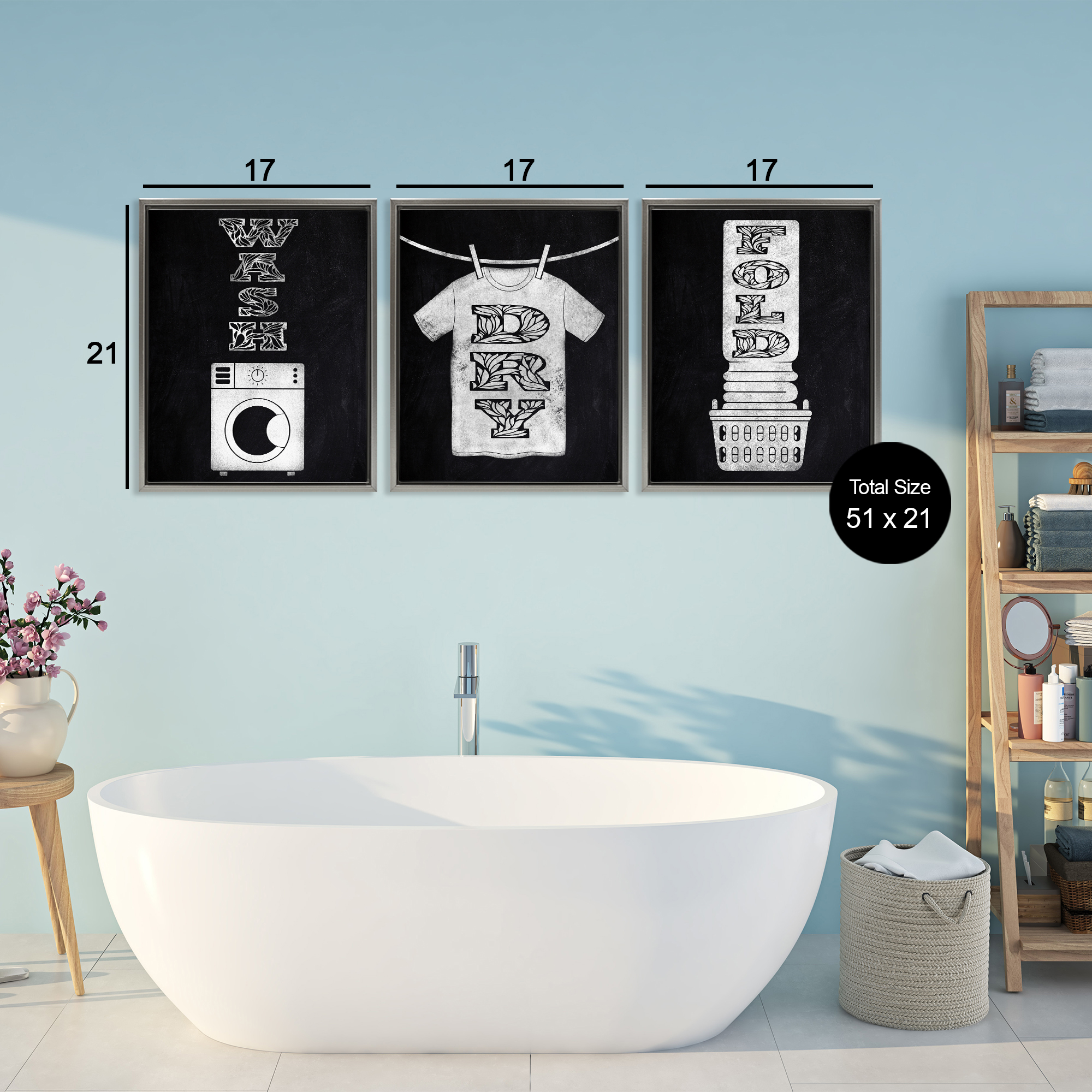 Wash & Dry Ornate Letters 3 Piece Gray Framed Floater Canvas Set, design by Marcus Prime