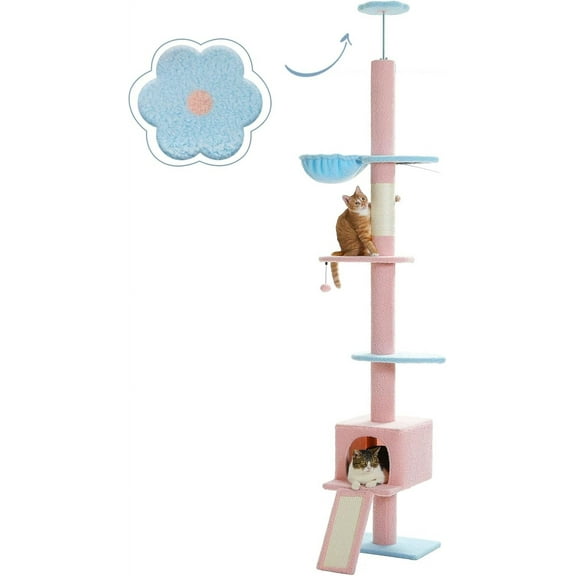 QRKD Floor to Ceiling Cat Tree, Cat Tower 5 Tiers Tall (83-108 Inches) Adjustable Height, Cats Climbing Tree Featuring with Condo, Cat Scratching Post and Perches for Indoor Cats, Flower Blue