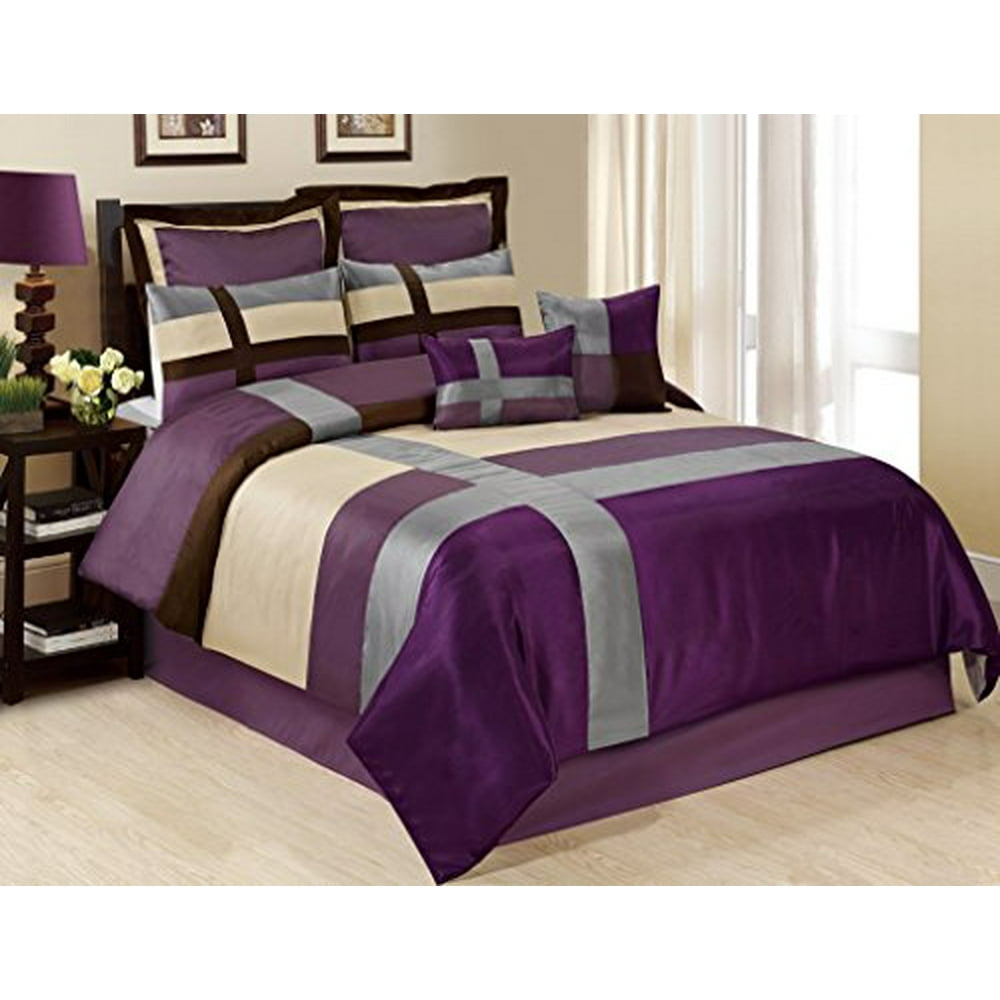 Unique Home 8 Piece Dorsey Purple/Beige/Grey Satin Patchwork Clearance