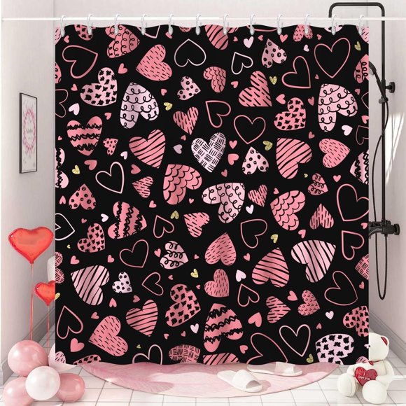 Rideau de Douche de la Saint-Valentin, Ensemble de Rideaux de Douche Cœur Rose Doux pour Salle de Bain en Tissu Imperméable Noir avec Crochets, 72x84 Pouces