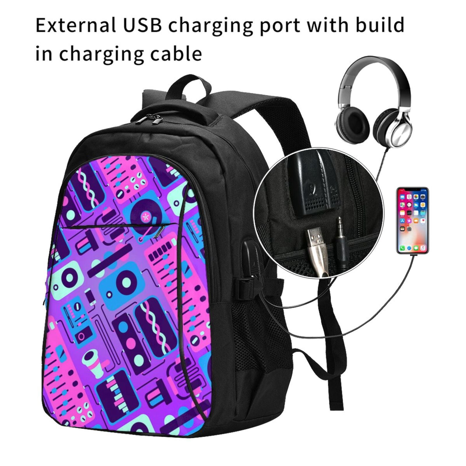Music Party Audio Neon Night Laptop Backpack with USB Charging Headphone Port Casual Daypack Bag College Business Travel