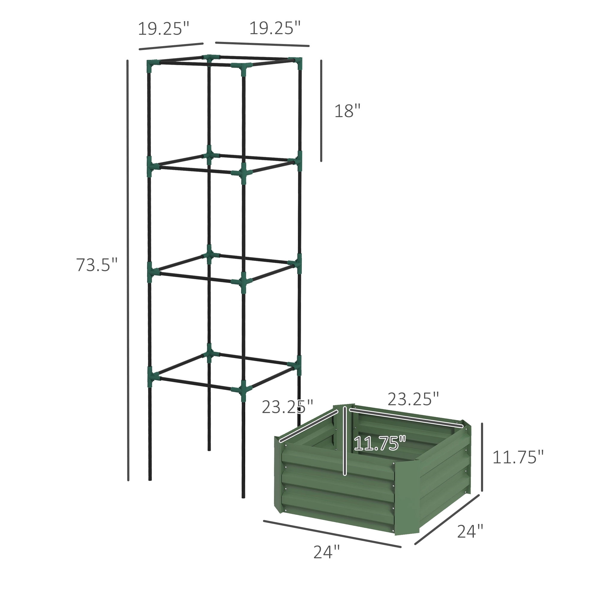 Homiyad Galvanized Planter Box 24x24x11.75 with Tomato Cage for Climbing Plants Green Raised Garden Bed| Aosom.com