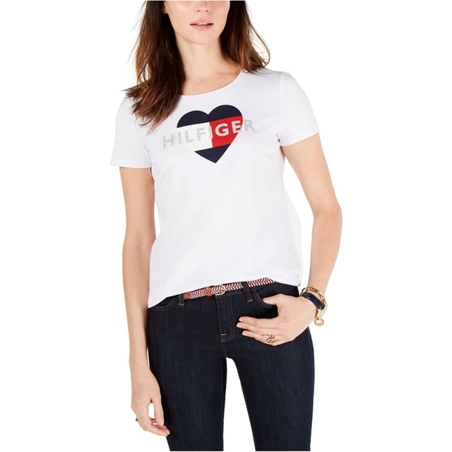 Tommy Hilfiger - Camiseta gráfica con estampado de corazón y logo para mujer, blanco, XS Tommy Hilfiger Camiseta gráfica