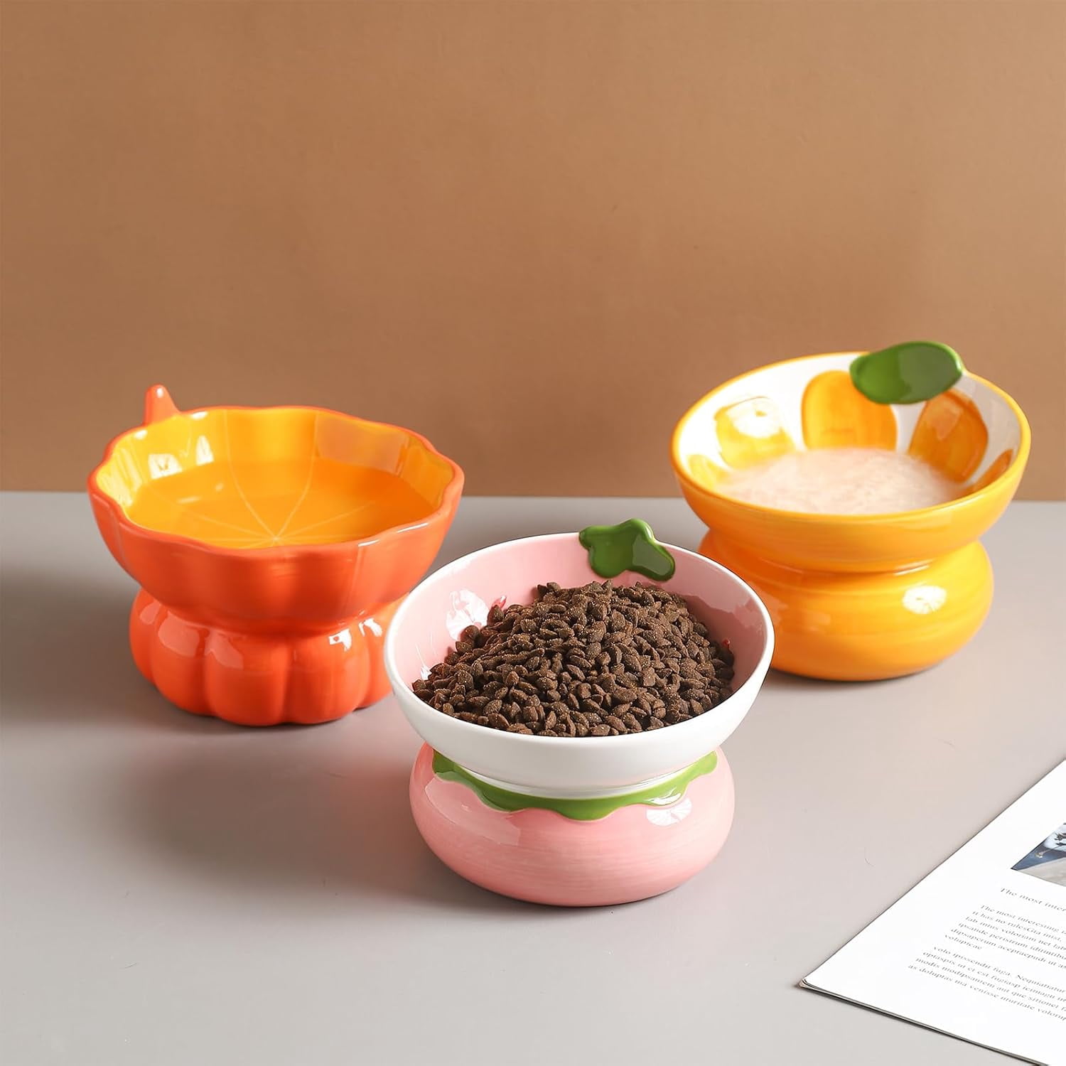 Ceramic Raised Cat Bowl - Pink Elevated Food Bowl for Indoor Cats, Anti-Vomiting & Spine Protection, Cute Tilted Dish for Flat-Faced Cats and Kittens