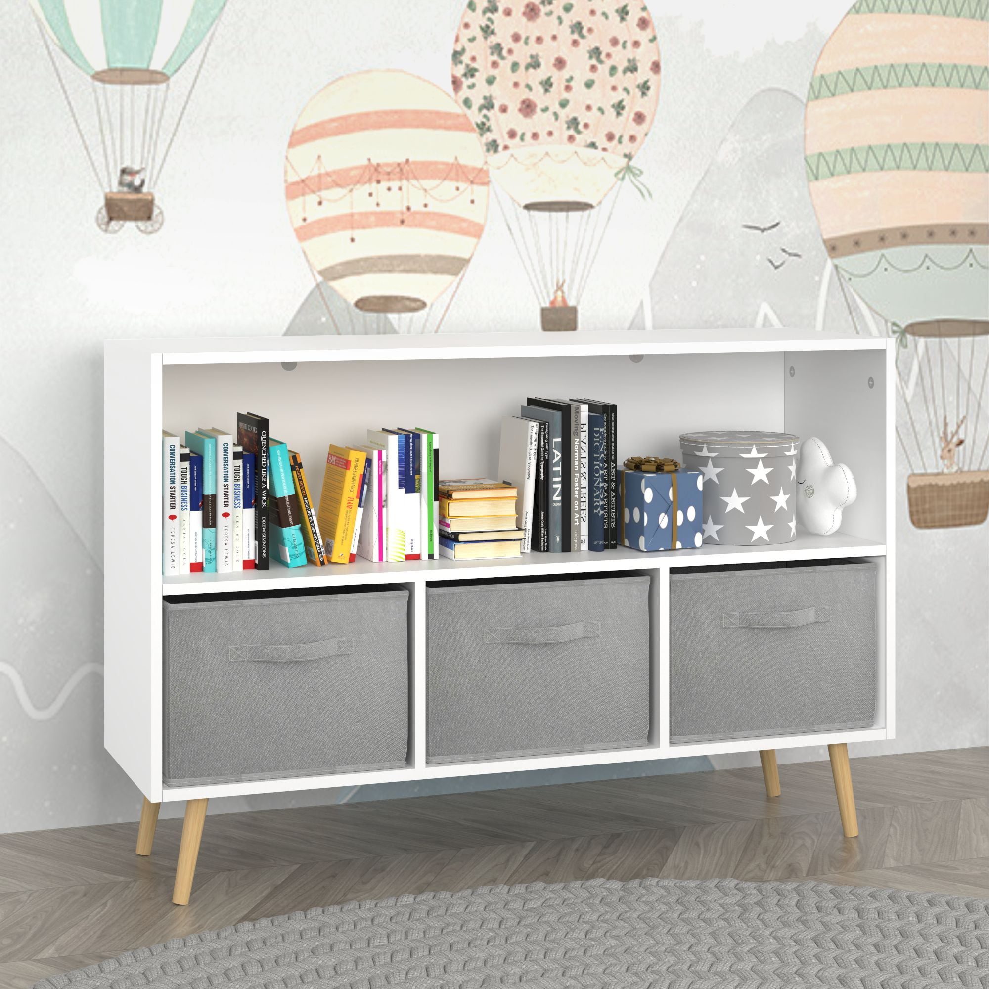 Kids Bookcase with Collapsible Fabric Drawers,Toy Storage Cubby,Children's Book Display,Toy Storage Cabinet Organizer,White/Gray