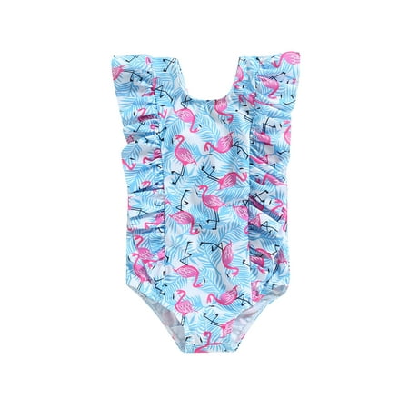 

Canrulo Toddler Baby Girls Summer Bikini Jumpsuit Cartoon Dinosaur/Flamingo/Leaf Print Ruffle Sleeveless Swimsuit Blue 3-4 Years