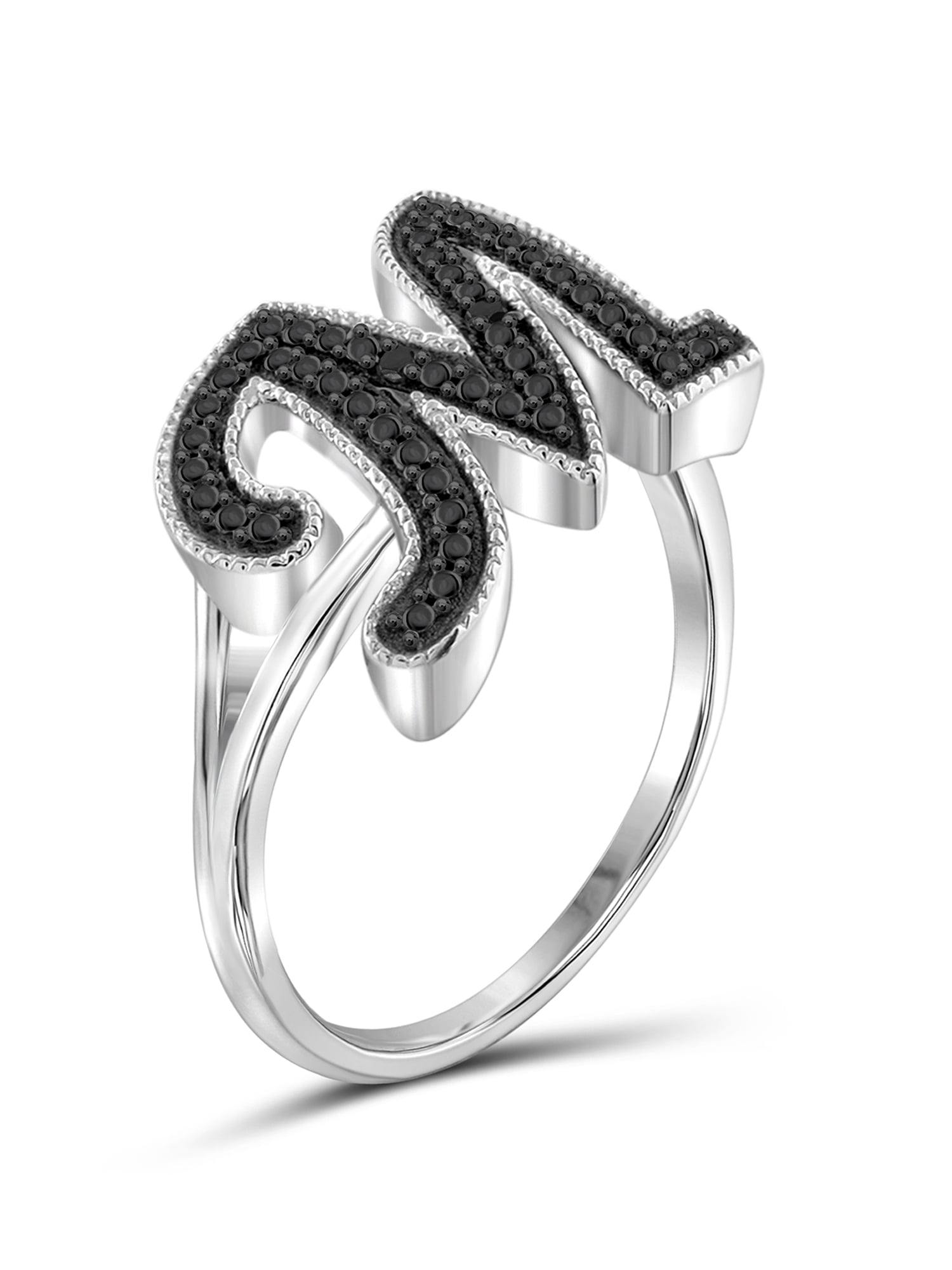 JewelersClub Accent Black Diamond Initial Letter Ring for Women | Customizable Sterling Silver M Alphabet Monogram Ring for Girls | Cursive Script Capital Letters | Personalized Jewelry Gift for Her