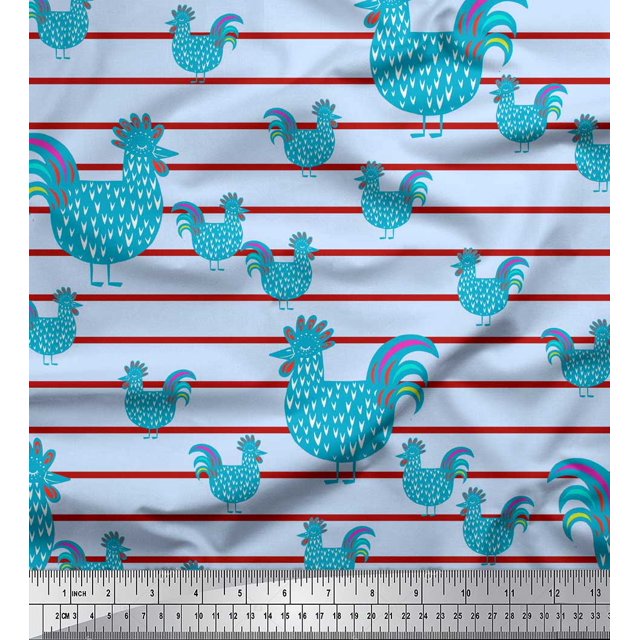 Soimoi Blue Poly Georgette Fabric Cock & Stripe Print Fabric by Yard 52 Inch Wide