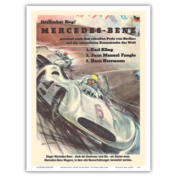 Mercedes Benz - Grand Prix of Berlin - Formula One Racing - Vintage Car Racing Poster by Hans Liska c.1954 - Master Art Print (Unframed) 9in x 12in