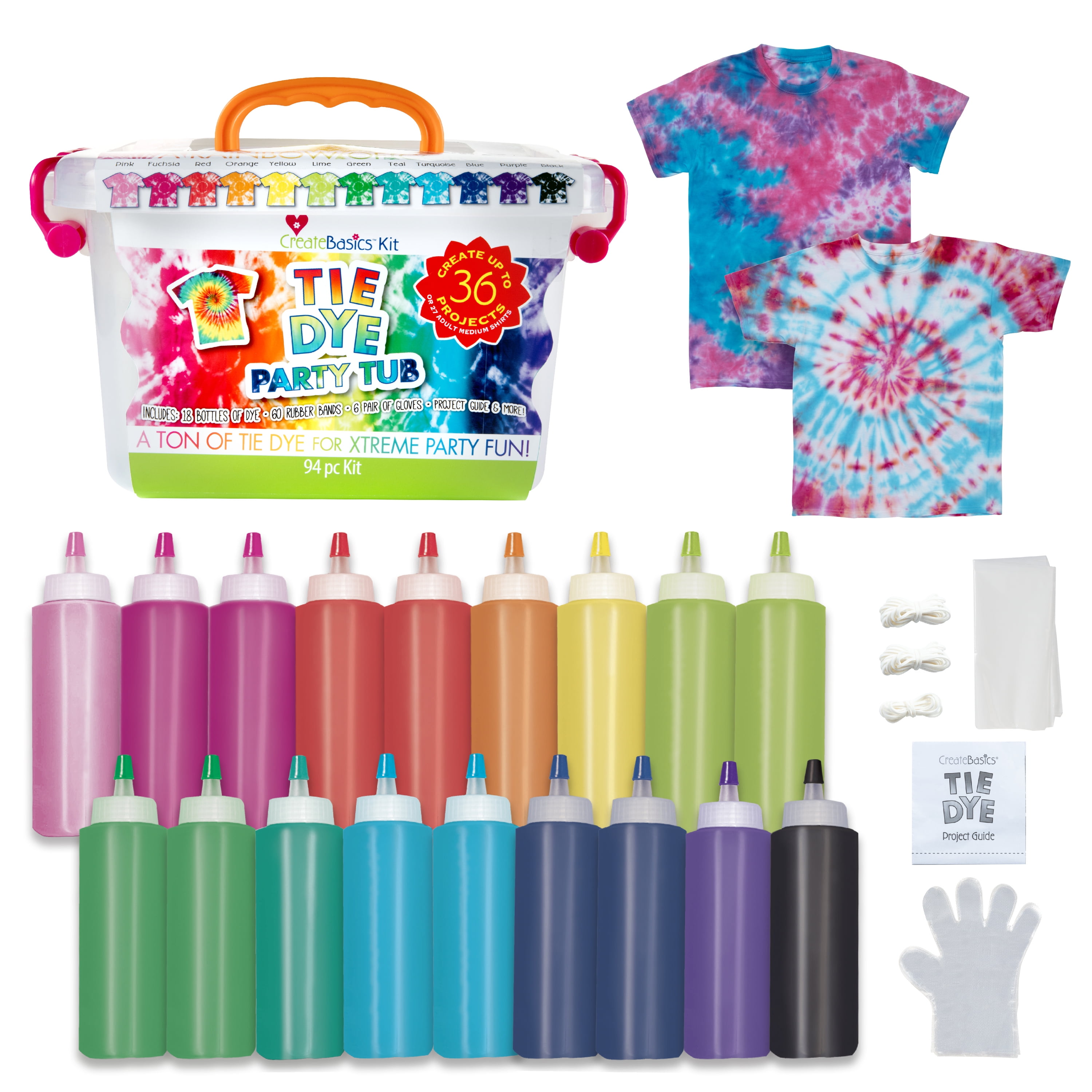 Create Basics Tie Dye Party Tub with 18 Pre-Filled Bottles, Dye Refill Packs and Accessories