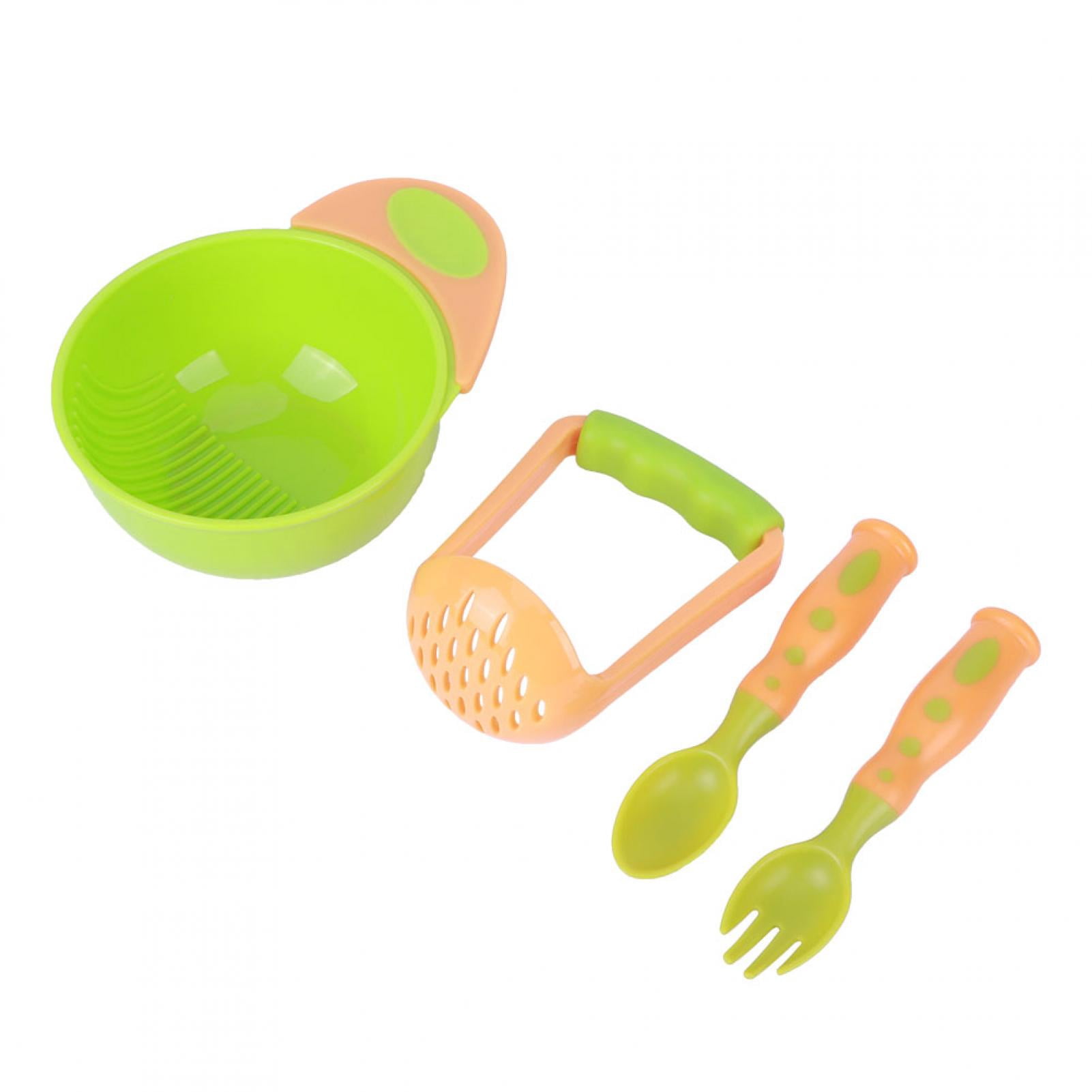 BIMZUC 4pcs Baby Food Masher Mash Serve Freshfood Bowl Infant Feeding Suction Spoons Set, Orange and Green