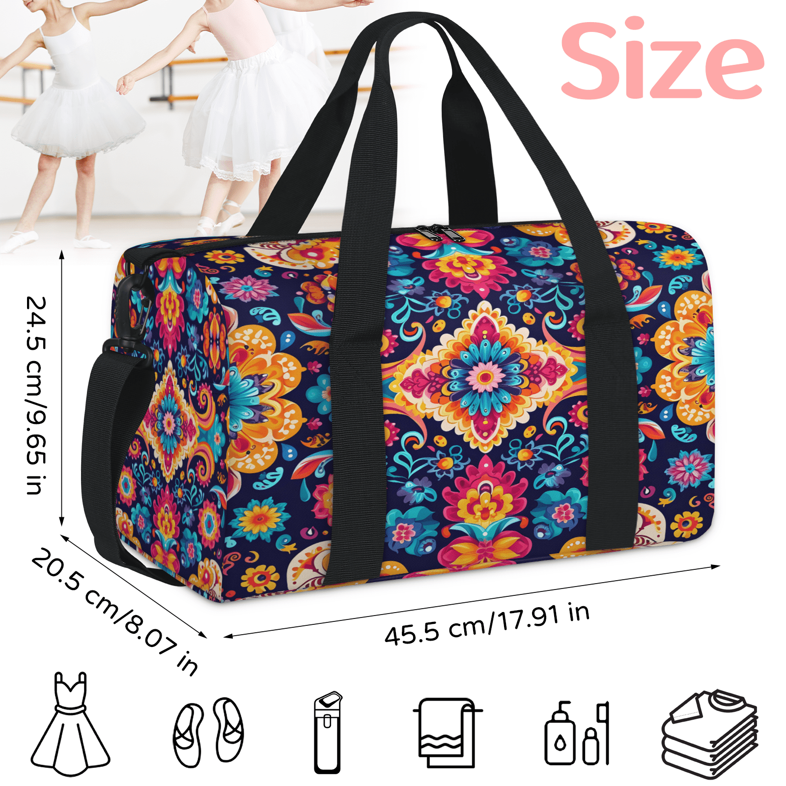 Herdesigns Mexico Floral Gym Bag for Women, Duffle Bag for Travel Sport, Mandala Lightweight Waterproof Carry on Weekender Dance Yoga Workout Bags