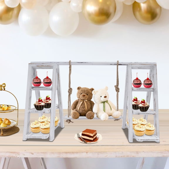 A-Frame 3-Tier Serving Ladder Stand Rustic White Wood & Iron Dessert Tray with Swing Plate for Party, Wedding