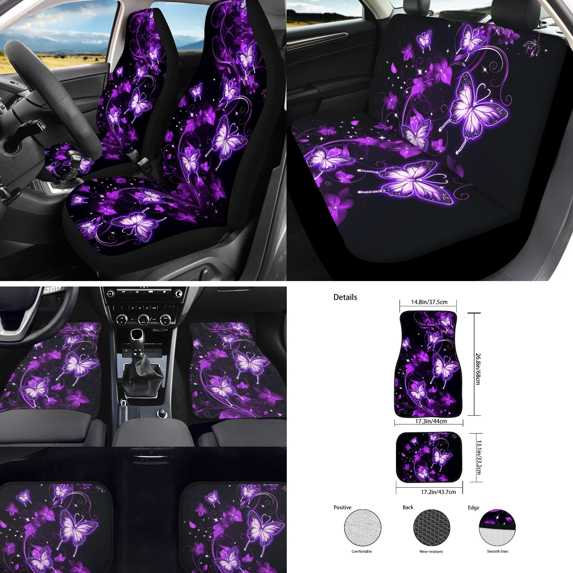 Jeiento Butterfly Car Seat Cover Full Set Car Floor Mats Steering Wheel Cover Seatbelt Pad Armrest Cover Coaster Keychains Chapstick Holder 17 Pack Auto Interior Accessories, Purple