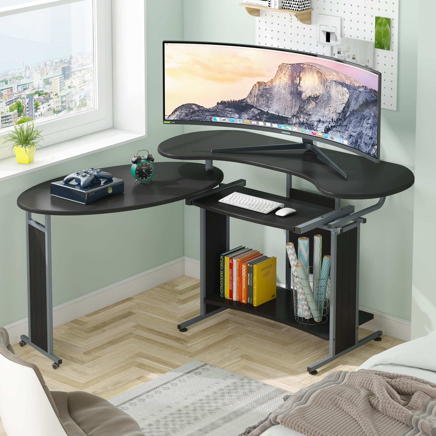 Bless international High Gloss Rotating L Shaped Desk with Storage