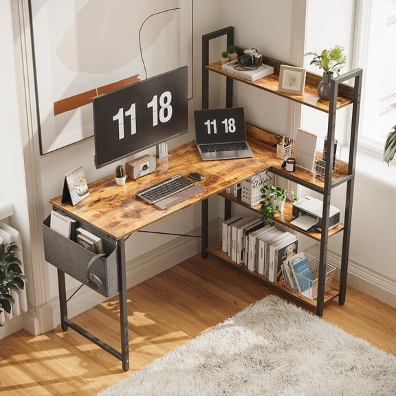47 Inch L Shaped Computer Desk with Bookshelf and Storage in Brown