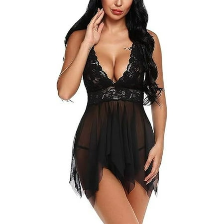 Women Lingerie Lace Babydoll V Neck Sexy Sleepwear Strap Chemise  Free-size  Mesh Sleepwear  Sizes L-3XL  Black