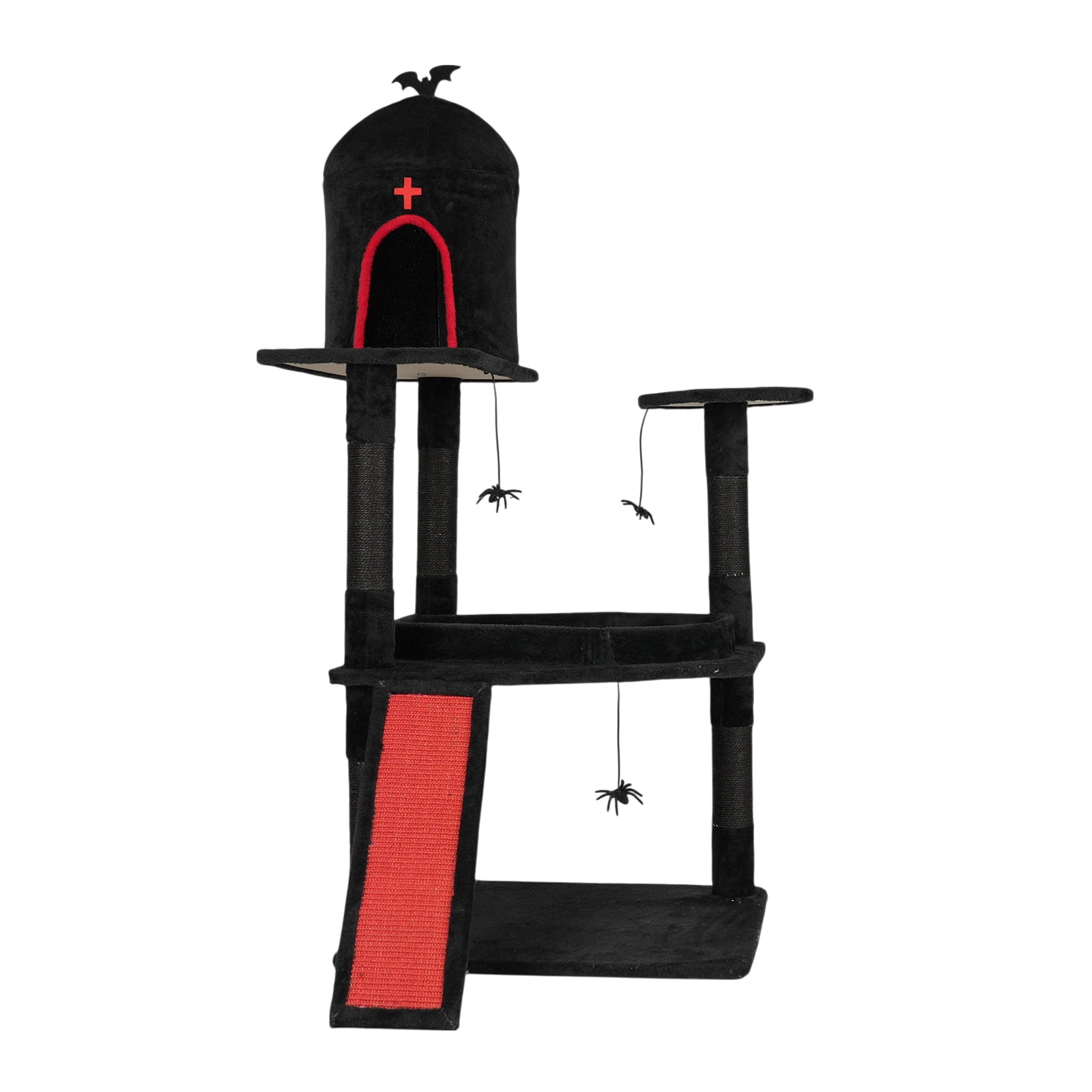 Gothic Red & Black Cat Tree with Coffin Bed & Bat Design