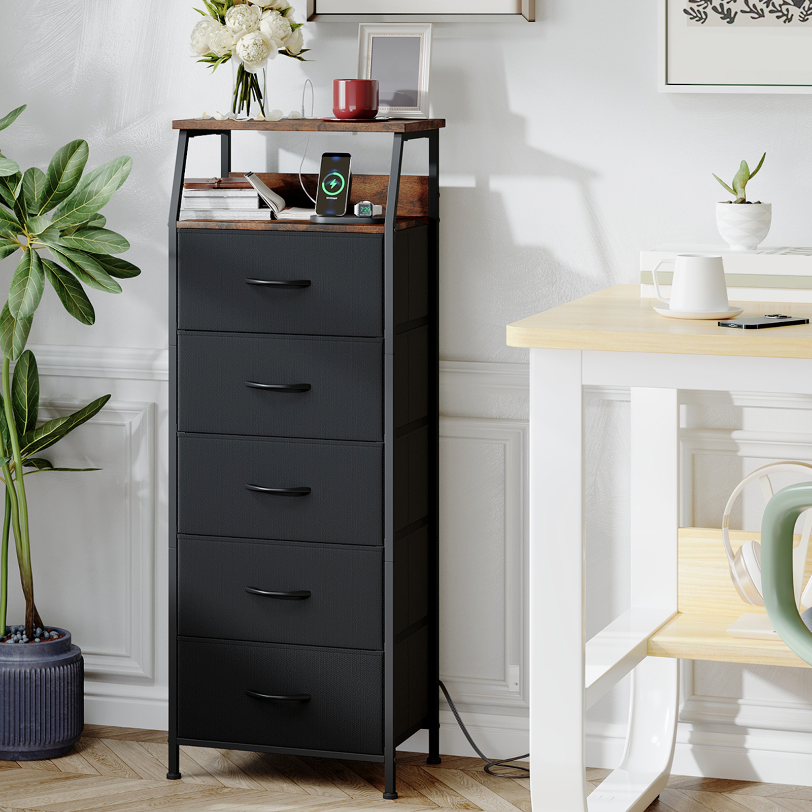 Eunos Black Tall Nightstand with Charging Station and LED for Bedroom, 5 Drawer with Storage Shelfs