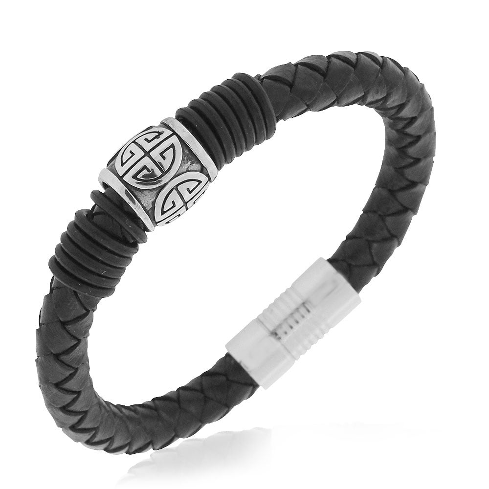 Edforce Stainless Steel Black Leather Rubber Mens Wristband Bracelet