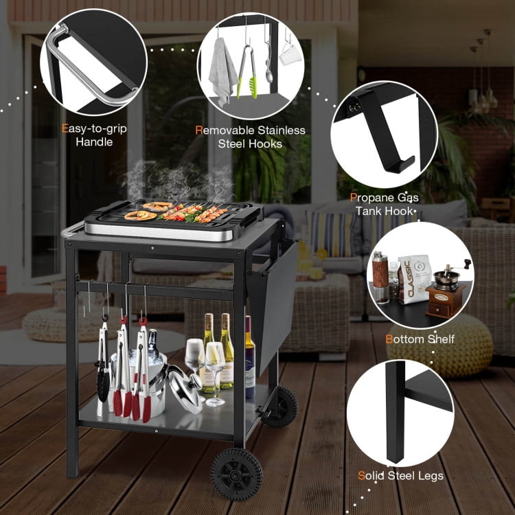 Resenkos Outdoor Patio Barbecue Cooker, Outdoor Grills,Movable Outdoor Grill Cart with Folding Tabletop and Hooks-Black