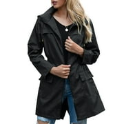 American Trends Women Waterproof Lightweight Rain Jacket Long Windproof Loose Rain Coats Active Outdoor Hooded Windbreaker Black 2XL