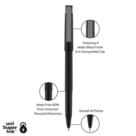 uni-ball® Rollerball™ Pens, Micro Point, 0.5 mm, 80% Recycled, Black Barrel, Black Ink, Pack Of 12 Pens
