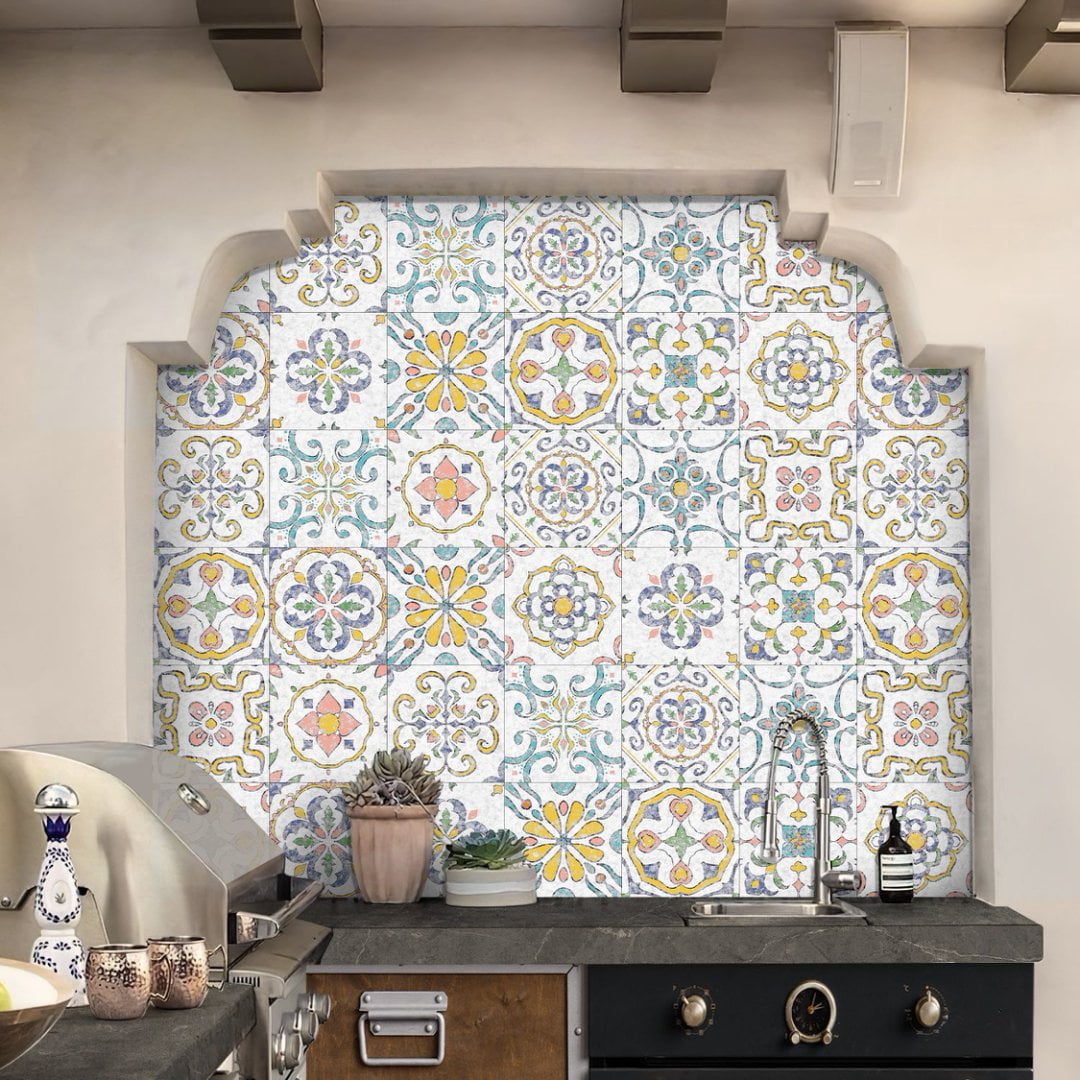 24 Piece Waterproof Vinyl Tiles Stickers 8 x 8in DIY Decor Floral Pattern Self Adhesive Wall Decals Mural Peel and Stick Tile Kitchen Backsplash