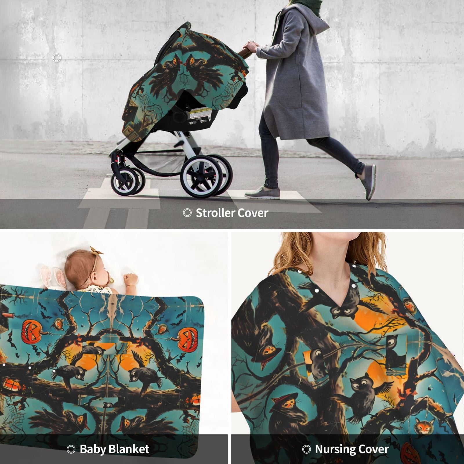 Car Seat Cover Baby - Halloween Tree Branch Village Breathable Infant Car Seat Cover for Baby Carseat, Lightweight Comfort Baby Essentials Must Haves Newborn Stuff for Girl Boy