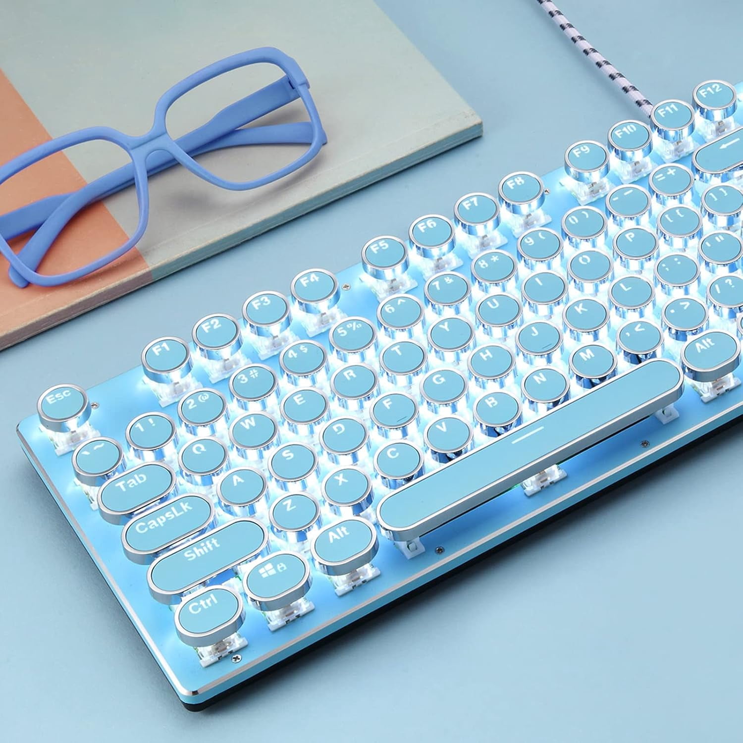 Vintage Mechanical Gaming Keyboard with LED Backlit, 104-Key Anti-Ghosting Blue Switch, USB Wired Metal Panel and Round Keycaps