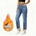 thumbnail image 2 of Rotm Fleece-Lined Jeans Women's Fleece Lined Jeans Women Straight Leg Winter Fleece Lined Pants High Waist Lined Jeans Heated Wide Leg Jeans Blue,L, 2 of 7