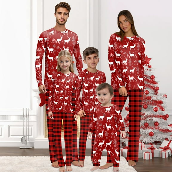 Onlypjs Matching Family Christmas Pajamas Set for Men, Women and Couples – Red Reindeer Print Holiday Sleepwear
