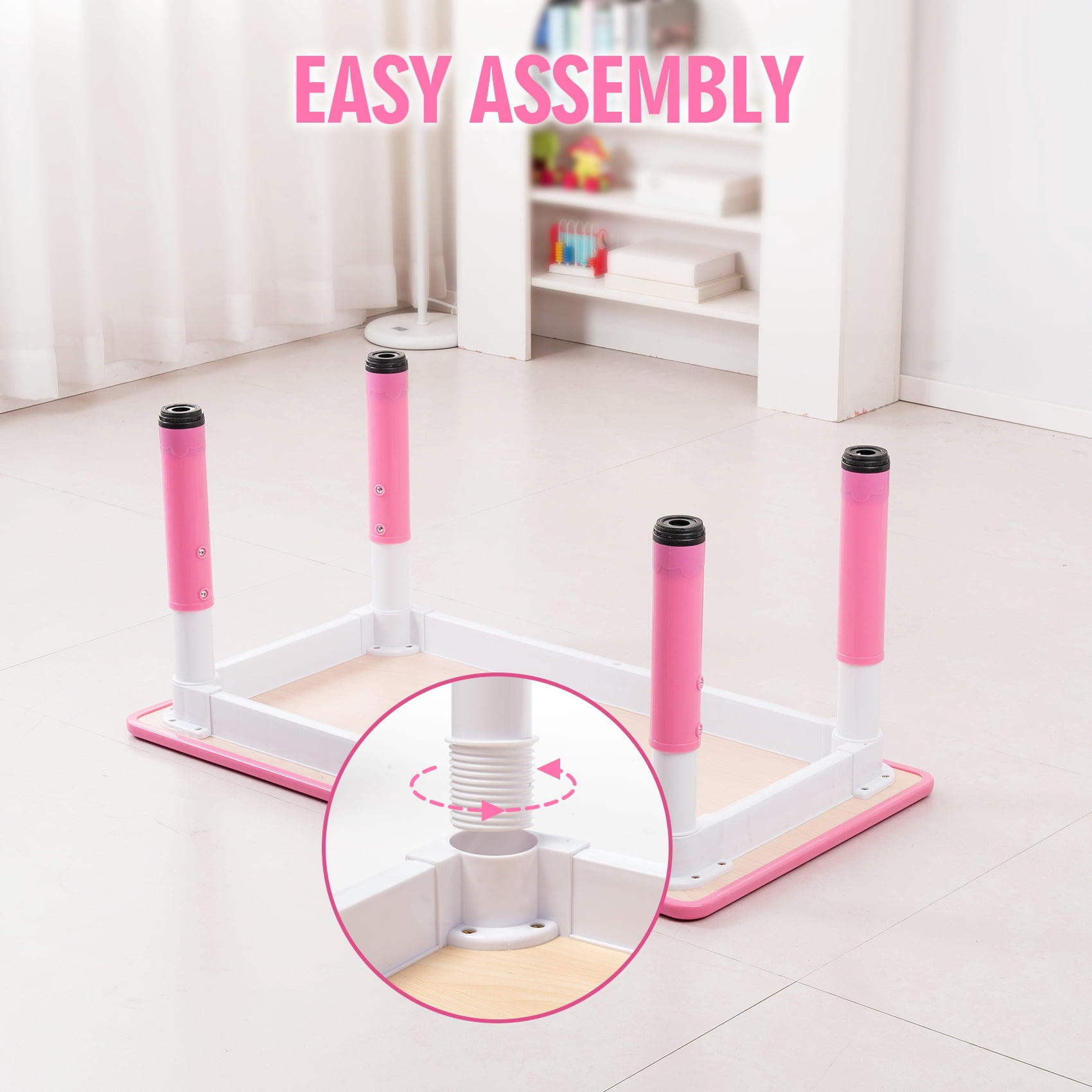 UNICOO Kids Table and Chairs Set, Height Adjustable Multi-Activity Preschool Table with Graffiti Desktop for Ages 2-8 - Versatile Kids Tables for Play, Learning, and Creativity(Maple Top/Pink Border)